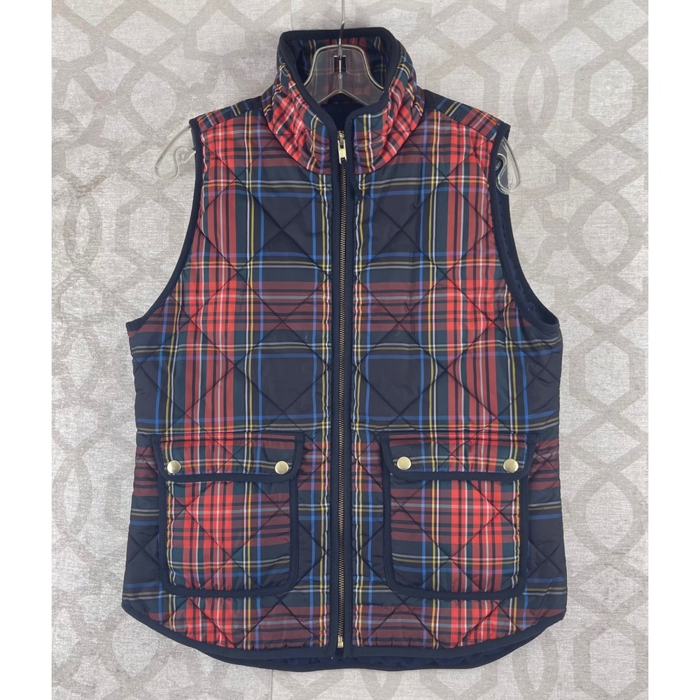 J.Crew Excursion Quilted Vest Womens Small Navy Red Plaid PrimaLoft Full Zip